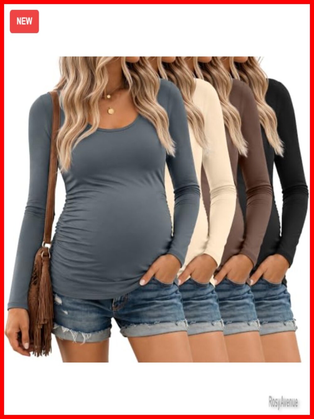 4 Pack Womens Maternity Long Sleeve Side Ruched Tops Crew Neck Tees